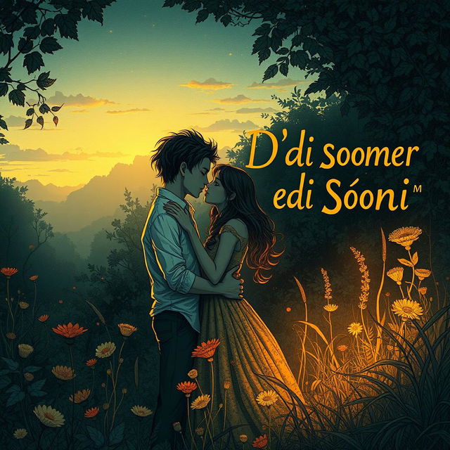 A striking and evocative drawing inspired by underground bucolic love poetry, titled 'D'Amore e di Sogni'