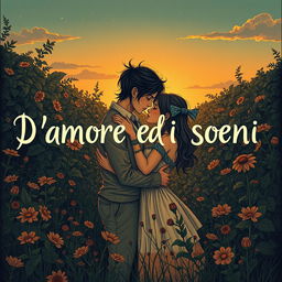 A striking and evocative drawing inspired by underground bucolic love poetry, titled 'D'Amore e di Sogni'