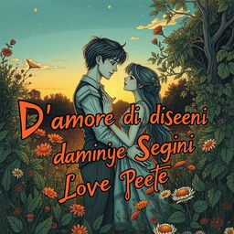 A striking and evocative drawing inspired by underground bucolic love poetry, titled 'D'Amore e di Sogni'