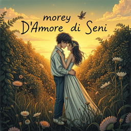 A striking and evocative drawing inspired by underground bucolic love poetry, titled 'D'Amore e di Sogni'