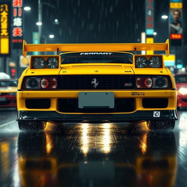 A thrilling front view of a 1992 Ferrari 512 Testarossa, vividly showcased in a bright yellow color and featuring a Japanese tuning race style