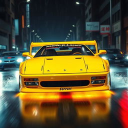 A thrilling front view of a 1992 Ferrari 512 Testarossa, vividly showcased in a bright yellow color and featuring a Japanese tuning race style