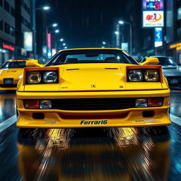 A thrilling front view of a 1992 Ferrari 512 Testarossa, vividly showcased in a bright yellow color and featuring a Japanese tuning race style