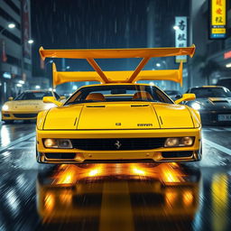 A thrilling front view of a 1992 Ferrari 512 Testarossa, vividly showcased in a bright yellow color and featuring a Japanese tuning race style