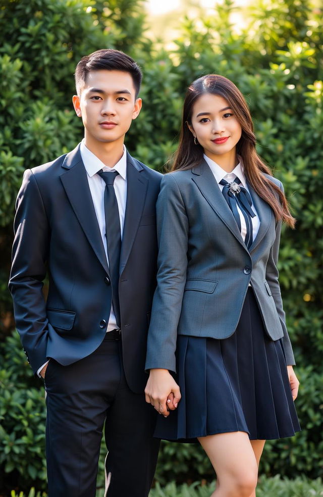 A half-body portrait of a beautiful man and woman holding hands, both dressed in stylish private school uniforms