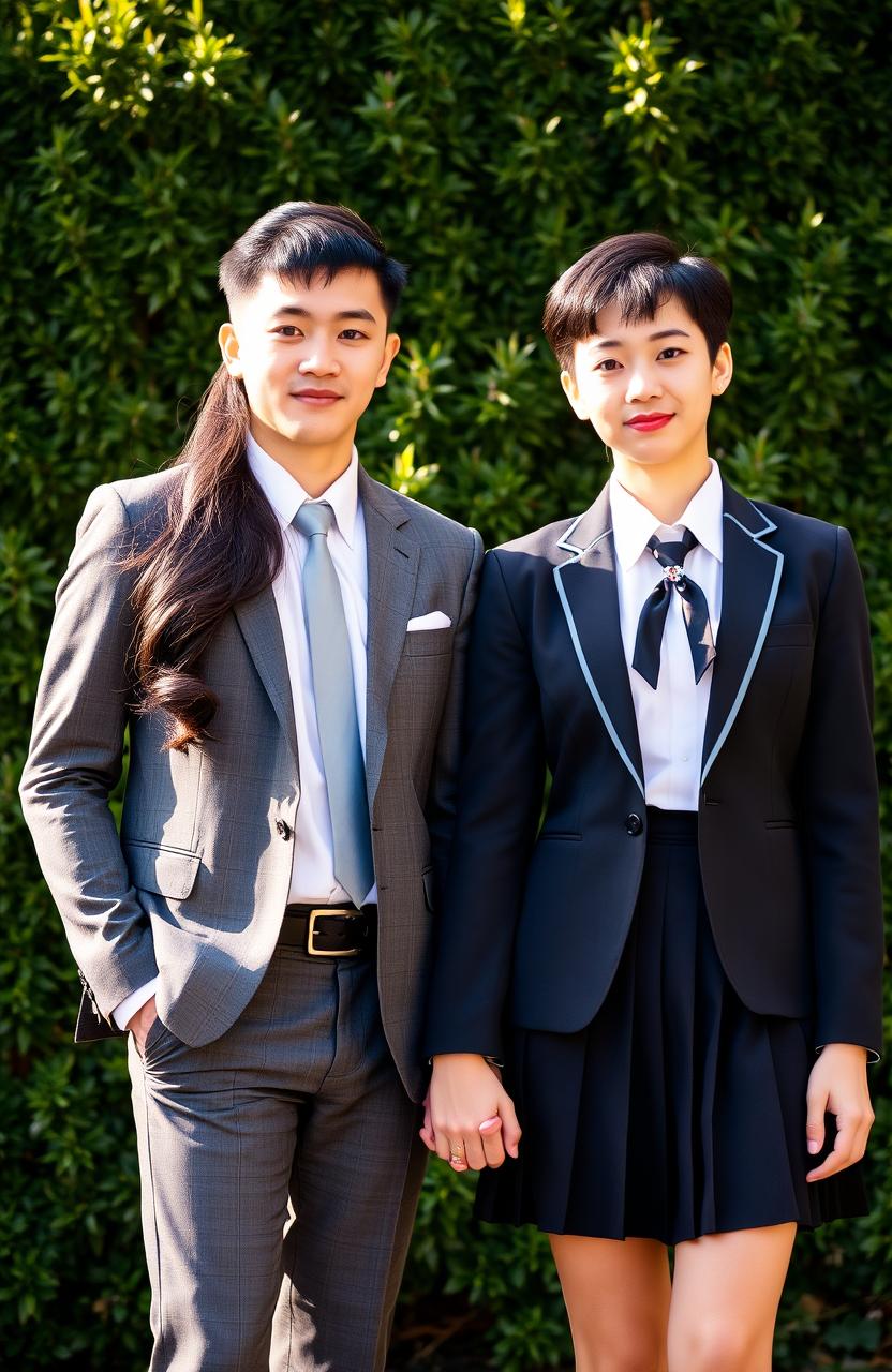 A half-body portrait of a beautiful man and woman holding hands, both dressed in stylish private school uniforms