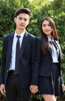 A half-body portrait of a beautiful man and woman holding hands, both dressed in stylish private school uniforms