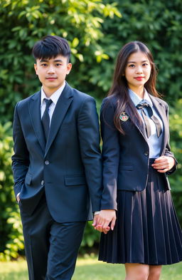 A half-body portrait of a beautiful man and woman holding hands, both dressed in stylish private school uniforms