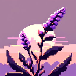 Pixel art PFP featuring a delicate lavender sprig against a pastel sunset background.