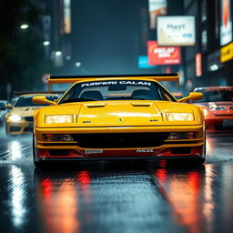 A captivating front three-quarter view of a 1992 Ferrari 512 Testarossa, beautifully showcased in a vibrant yellow color, reflecting Japanese tuning race style with a bold wing extension and front bumper splitter