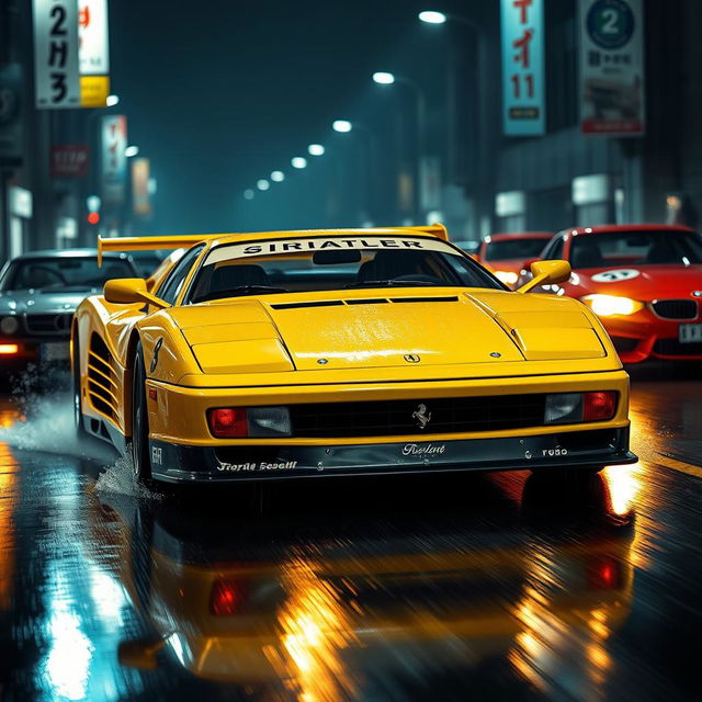 A captivating front three-quarter view of a 1992 Ferrari 512 Testarossa, beautifully showcased in a vibrant yellow color, reflecting Japanese tuning race style with a bold wing extension and front bumper splitter