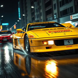 A captivating front three-quarter view of a 1992 Ferrari 512 Testarossa, beautifully showcased in a vibrant yellow color, reflecting Japanese tuning race style with a bold wing extension and front bumper splitter