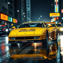 A captivating front three-quarter view of a 1992 Ferrari 512 Testarossa, beautifully showcased in a vibrant yellow color, reflecting Japanese tuning race style with a bold wing extension and front bumper splitter