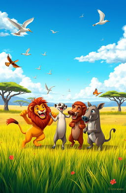 A vibrant and energetic scene inspired by 'Lion King' featuring a group of animals celebrating under a bright blue sky