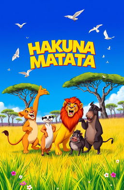 A vibrant and energetic scene inspired by 'Lion King' featuring a group of animals celebrating under a bright blue sky