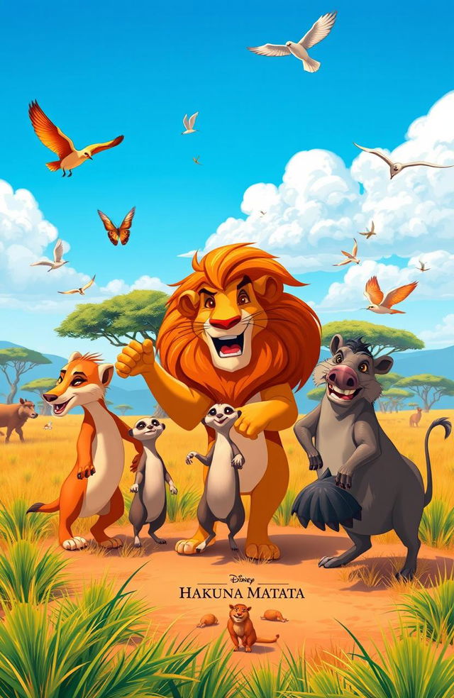 A vibrant and energetic scene inspired by 'Lion King' featuring a group of animals celebrating under a bright blue sky