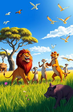 A vibrant and energetic scene inspired by 'Lion King' featuring a group of animals celebrating under a bright blue sky