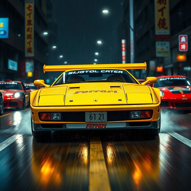 An exhilarating front three-quarter view of a 1992 Ferrari 512 Testarossa, showcased in a bright yellow color with an unmistakable Japanese tuning race style