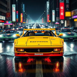 An exhilarating front three-quarter view of a 1992 Ferrari 512 Testarossa, showcased in a bright yellow color with an unmistakable Japanese tuning race style