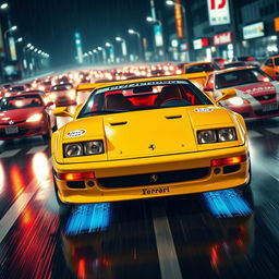 An exhilarating front three-quarter view of a 1992 Ferrari 512 Testarossa, showcased in a bright yellow color with an unmistakable Japanese tuning race style
