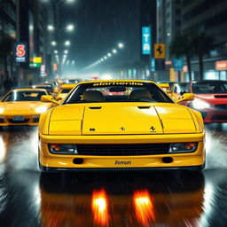 An exhilarating front three-quarter view of a 1992 Ferrari 512 Testarossa, showcased in a bright yellow color with an unmistakable Japanese tuning race style