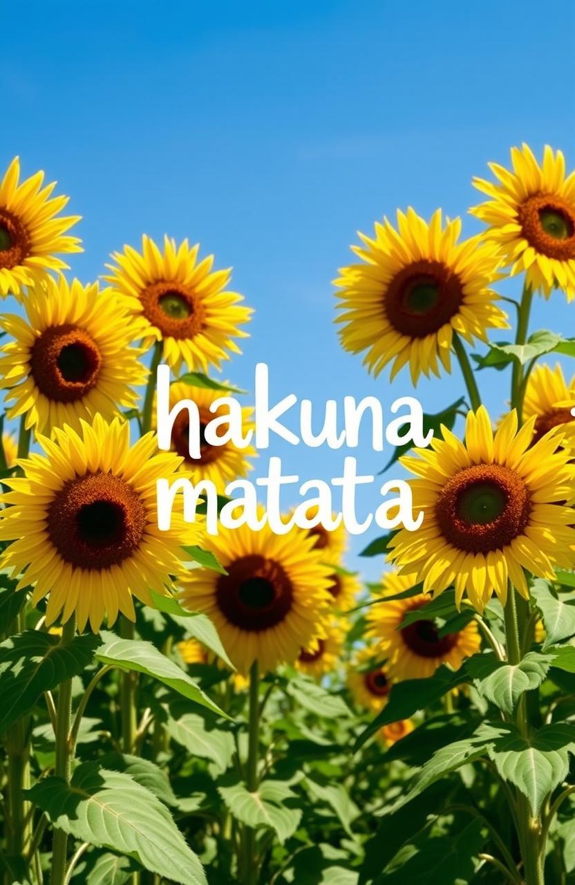 A vibrant scene inspired by the Lion King featuring the phrase 'hakuna matata' artistically integrated among a field of sunflowers