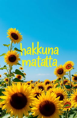 A vibrant scene inspired by the Lion King featuring the phrase 'hakuna matata' artistically integrated among a field of sunflowers
