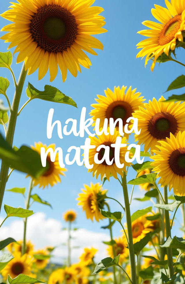 A vibrant scene inspired by the Lion King featuring the phrase 'hakuna matata' artistically integrated among a field of sunflowers