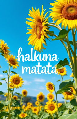 A vibrant scene inspired by the Lion King featuring the phrase 'hakuna matata' artistically integrated among a field of sunflowers