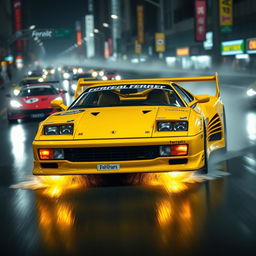 An exciting front three-quarter view of a 1992 Ferrari 512 Testarossa, displayed in a striking yellow color with a Japanese tuning race style