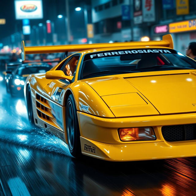 An exciting front three-quarter view of a 1992 Ferrari 512 Testarossa, displayed in a striking yellow color with a Japanese tuning race style