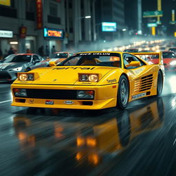 An exciting front three-quarter view of a 1992 Ferrari 512 Testarossa, displayed in a striking yellow color with a Japanese tuning race style