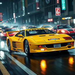 An exciting front three-quarter view of a 1992 Ferrari 512 Testarossa, displayed in a striking yellow color with a Japanese tuning race style