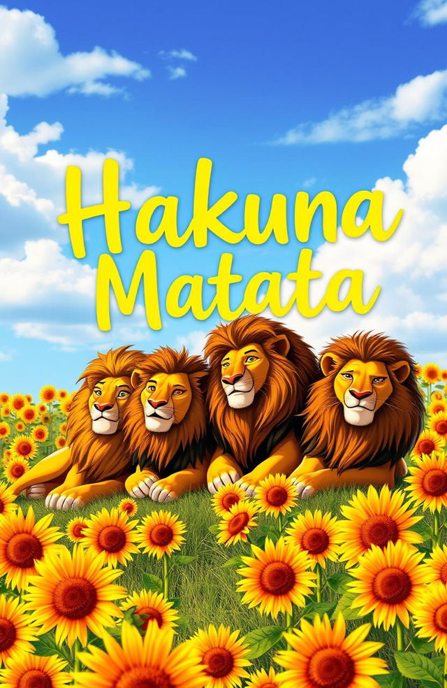 A vibrant and colorful scene inspired by the Lion King, featuring majestic lions lounging in a field full of bright, golden sunflowers