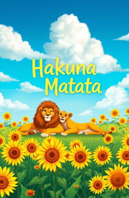 A vibrant and colorful scene inspired by the Lion King, featuring majestic lions lounging in a field full of bright, golden sunflowers