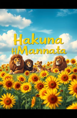 A vibrant and colorful scene inspired by the Lion King, featuring majestic lions lounging in a field full of bright, golden sunflowers