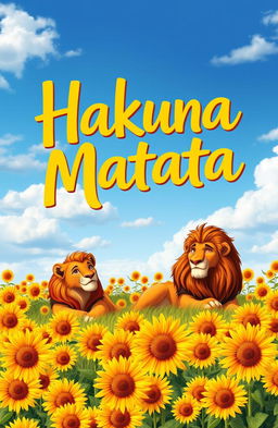 A vibrant and colorful scene inspired by the Lion King, featuring majestic lions lounging in a field full of bright, golden sunflowers