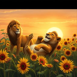 A realistic scene depicting lions in the savannah, embodying the spirit of 'Hakuna Matata'
