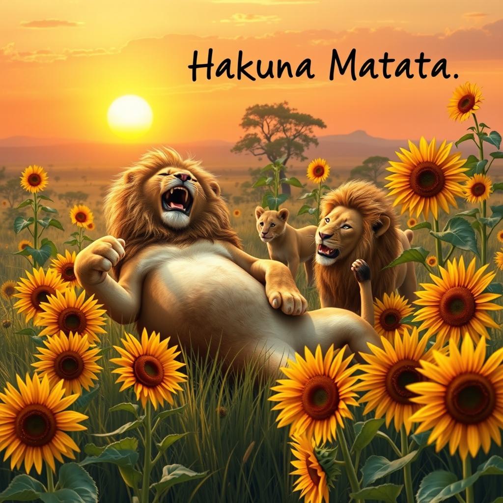 A realistic scene depicting lions in the savannah, embodying the spirit of 'Hakuna Matata'