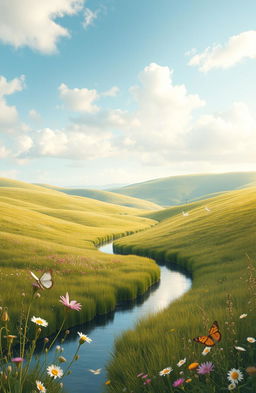 A serene landscape depicting life’s subtle echoes, featuring gently rolling hills under a soft, cloudy sky, with patches of wildflowers swaying in a gentle breeze
