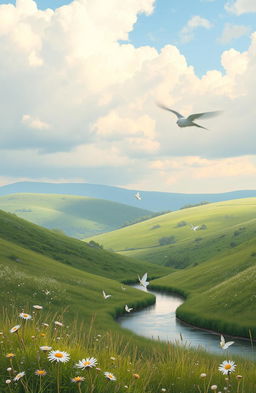 A serene landscape depicting life’s subtle echoes, featuring gently rolling hills under a soft, cloudy sky, with patches of wildflowers swaying in a gentle breeze