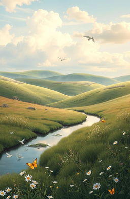 A serene landscape depicting life’s subtle echoes, featuring gently rolling hills under a soft, cloudy sky, with patches of wildflowers swaying in a gentle breeze