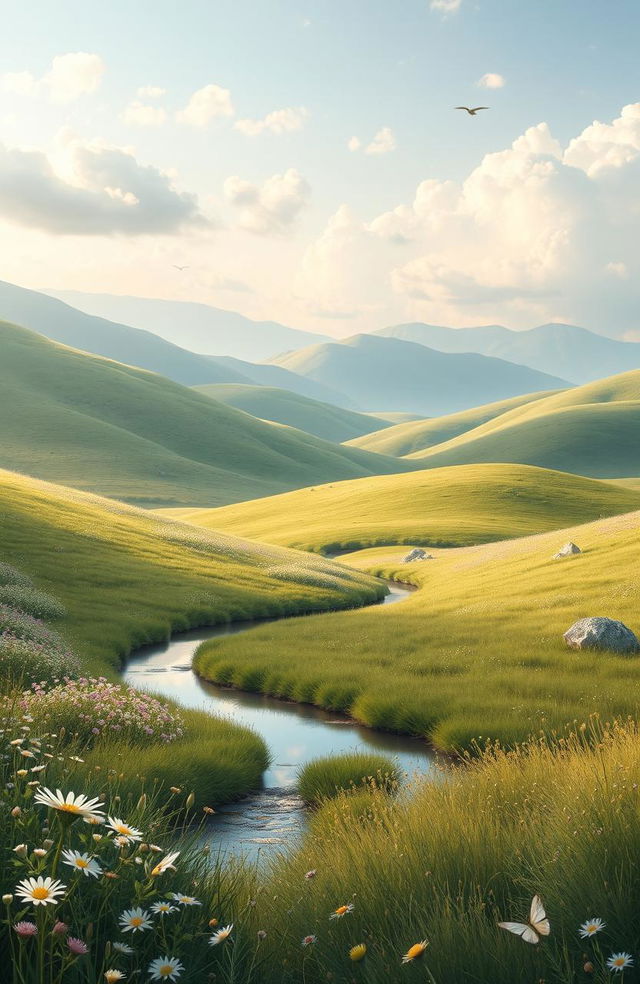 A serene landscape depicting life’s subtle echoes, featuring gently rolling hills under a soft, cloudy sky, with patches of wildflowers swaying in a gentle breeze