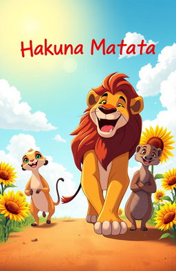 A whimsical scene of a lion and his friends, inspired by the Lion King, joyfully walking down a sunlit road
