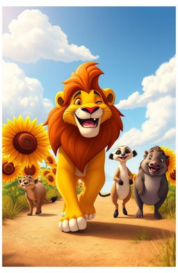 A whimsical scene of a lion and his friends, inspired by the Lion King, joyfully walking down a sunlit road