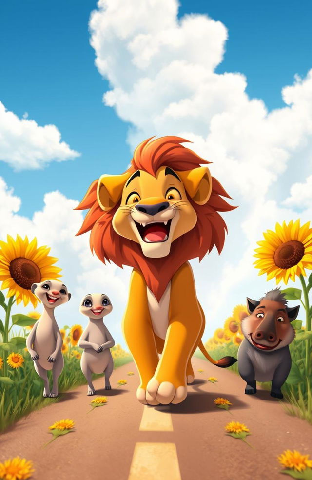 A whimsical scene of a lion and his friends, inspired by the Lion King, joyfully walking down a sunlit road