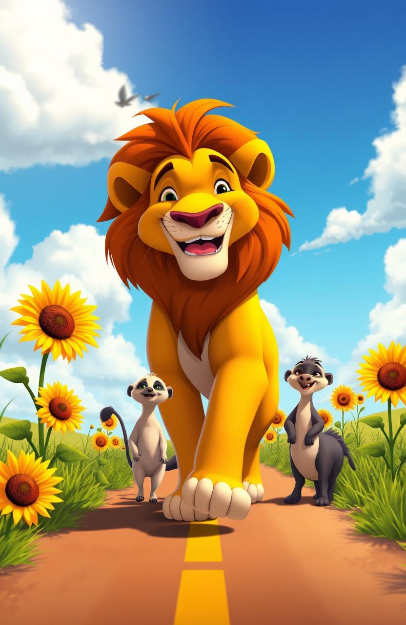 A whimsical scene of a lion and his friends, inspired by the Lion King, joyfully walking down a sunlit road