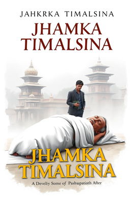 A poignant book cover design for a novel titled 'JHAMKA TIMALSINA' depicting a somber scene in the Pashupatinath area, showcasing an old man's death