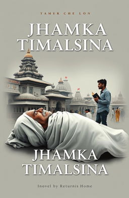 A poignant book cover design for a novel titled 'JHAMKA TIMALSINA' depicting a somber scene in the Pashupatinath area, showcasing an old man's death