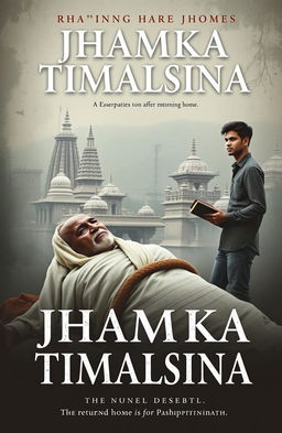 A poignant book cover design for a novel titled 'JHAMKA TIMALSINA' depicting a somber scene in the Pashupatinath area, showcasing an old man's death
